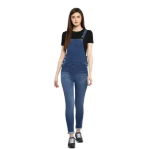 Women's Denim Solid Dungaree Pant (Blue)
