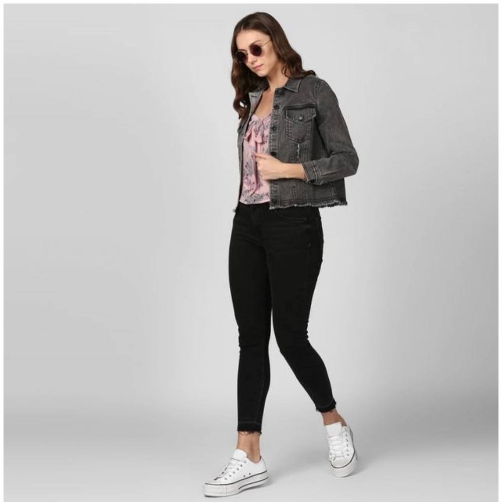 Women's Denim Distressed Long Sleeve Jacket (Black) - Image 3