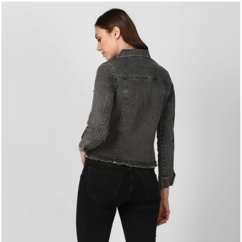 Women's Denim Distressed Long Sleeve Jacket (Black) - Image 4