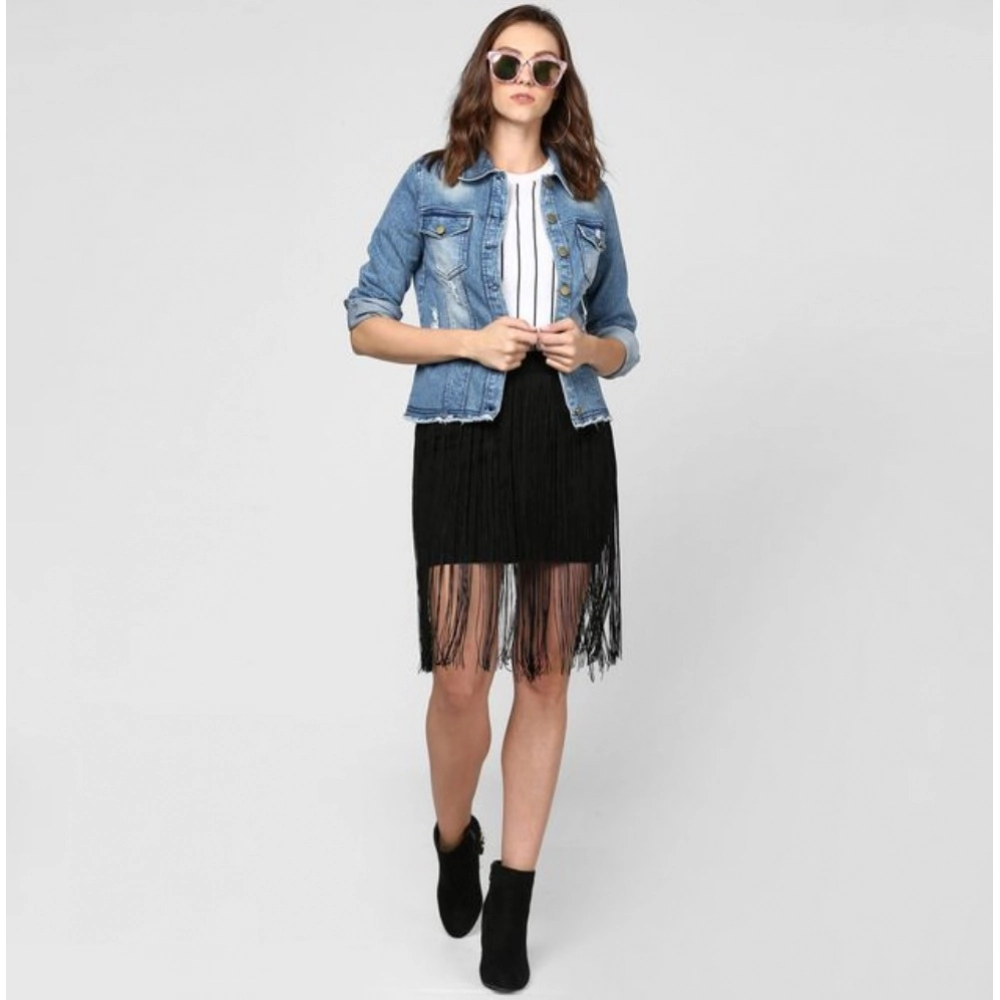 Women's Denim Distressed Long Sleeve Jacket (Blue) - Image 3