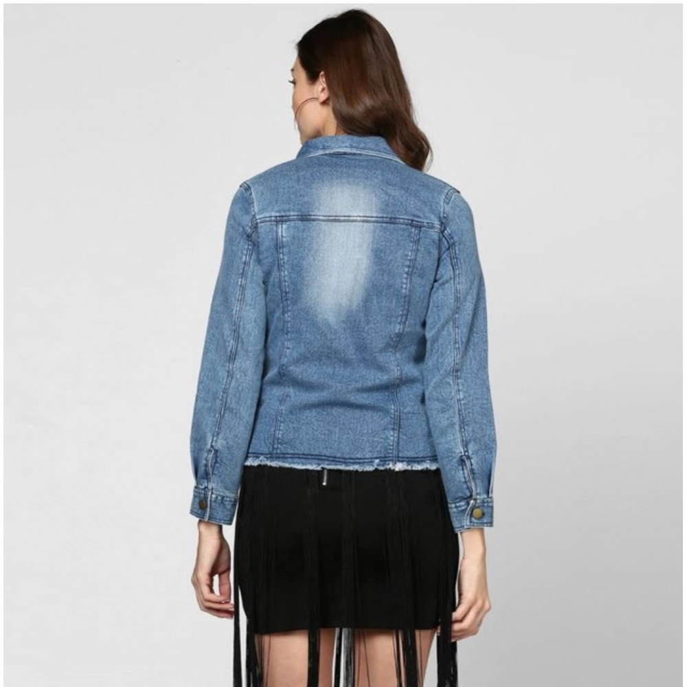 Women's Denim Distressed Long Sleeve Jacket (Blue) - Image 4