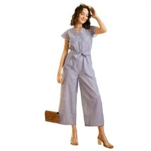 Women's Cotton Chambray Striped Short Sleeve Jumpsuit (Blue)