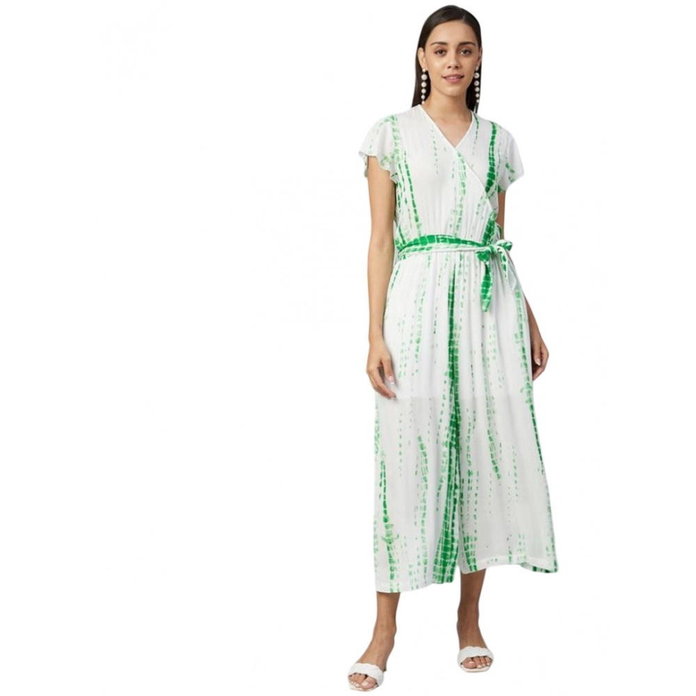 Women's Rayon Striped Short Sleeve Jumpsuit (Green - White)