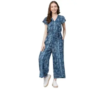 Women's Rayon Tie & Dye Short Sleeve Jumpsuit (Blue)