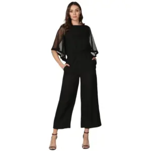 Women's Polyester Solid Half Sleeve Jumpsuit (Black)