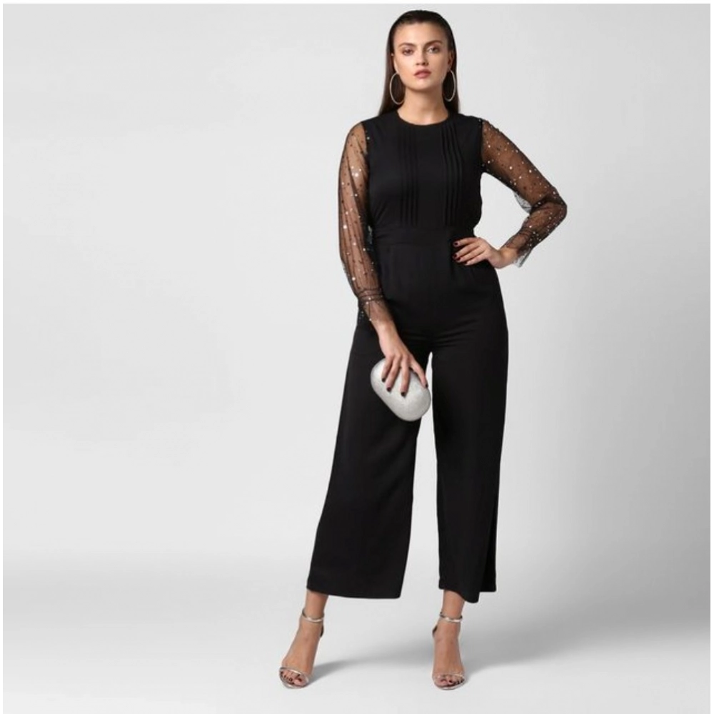 Women's Polyester Embellished Long Sleeve Jumpsuit (Black) - Image 3