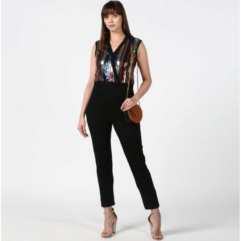 Women's Polyester Embellished Sleeveless Jumpsuit (Black) - Image 4