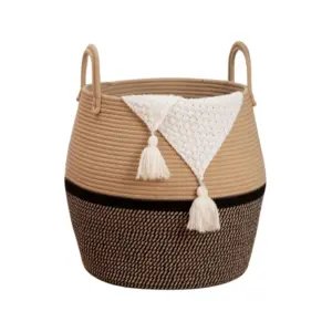 Cotton Matka With Handle 14x12 Inch Storage Basket For Clothes (Beige Black)