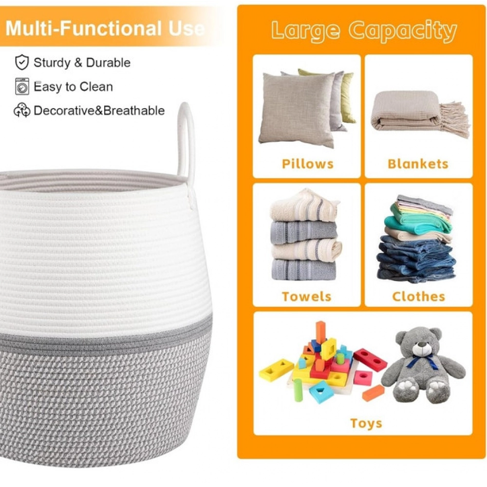 Cotton Matka With Handle 14x12 Inch Storage Basket For Clothes (Gray White) - Image 4