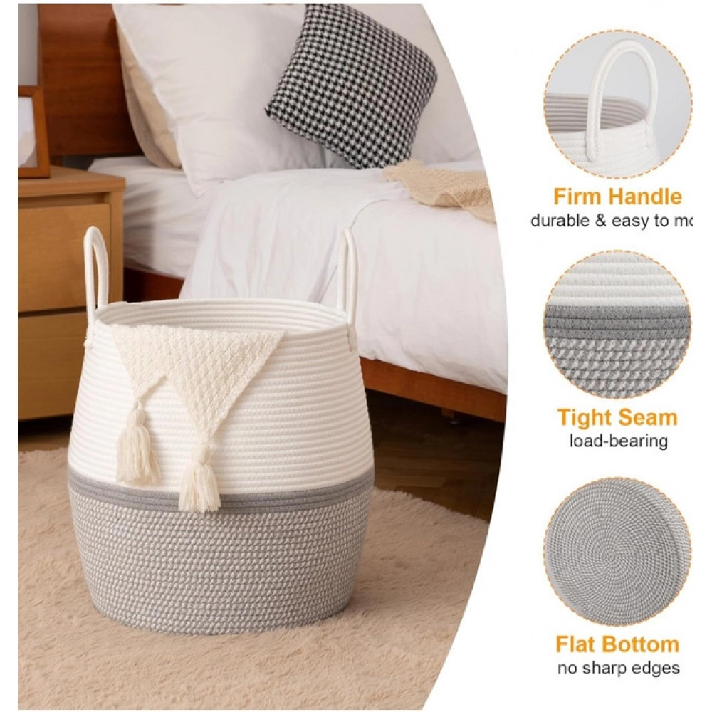 Cotton Matka With Handle 14x12 Inch Storage Basket For Clothes (Gray White) - Image 3