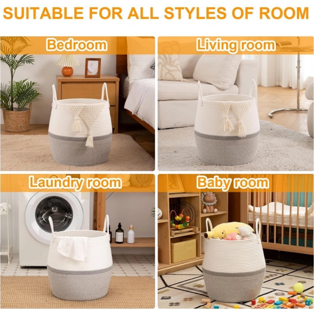 Cotton Matka With Handle 14x12 Inch Storage Basket For Clothes (Gray White) - Image 2