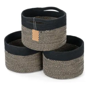 Cotton 9x7 Inch Pack of 3 Storage Basket For Clothes (Black-Beige)