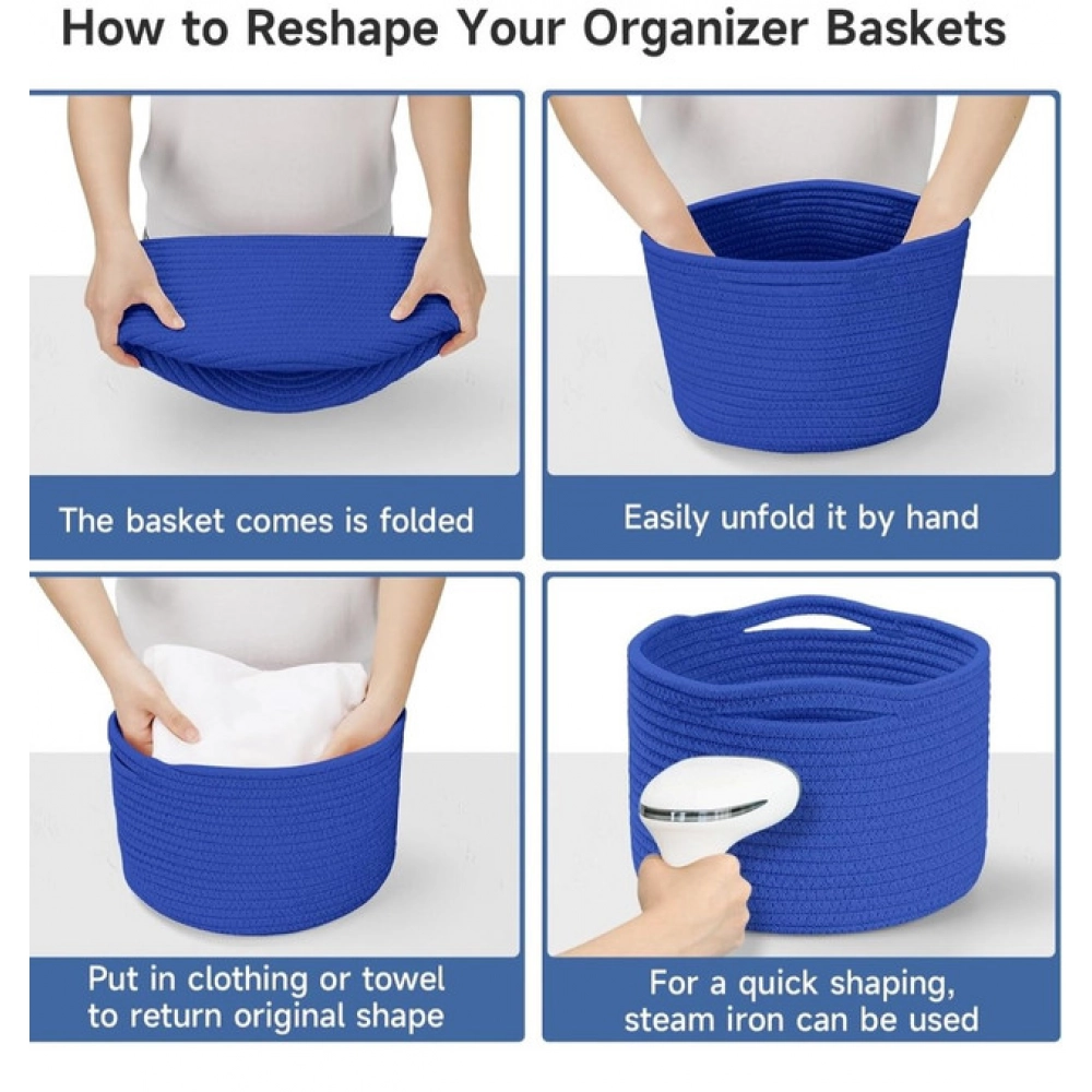 Cotton 9x7 Inch Pack of 3 Storage Basket For Clothes (Royal Blue) - Image 4