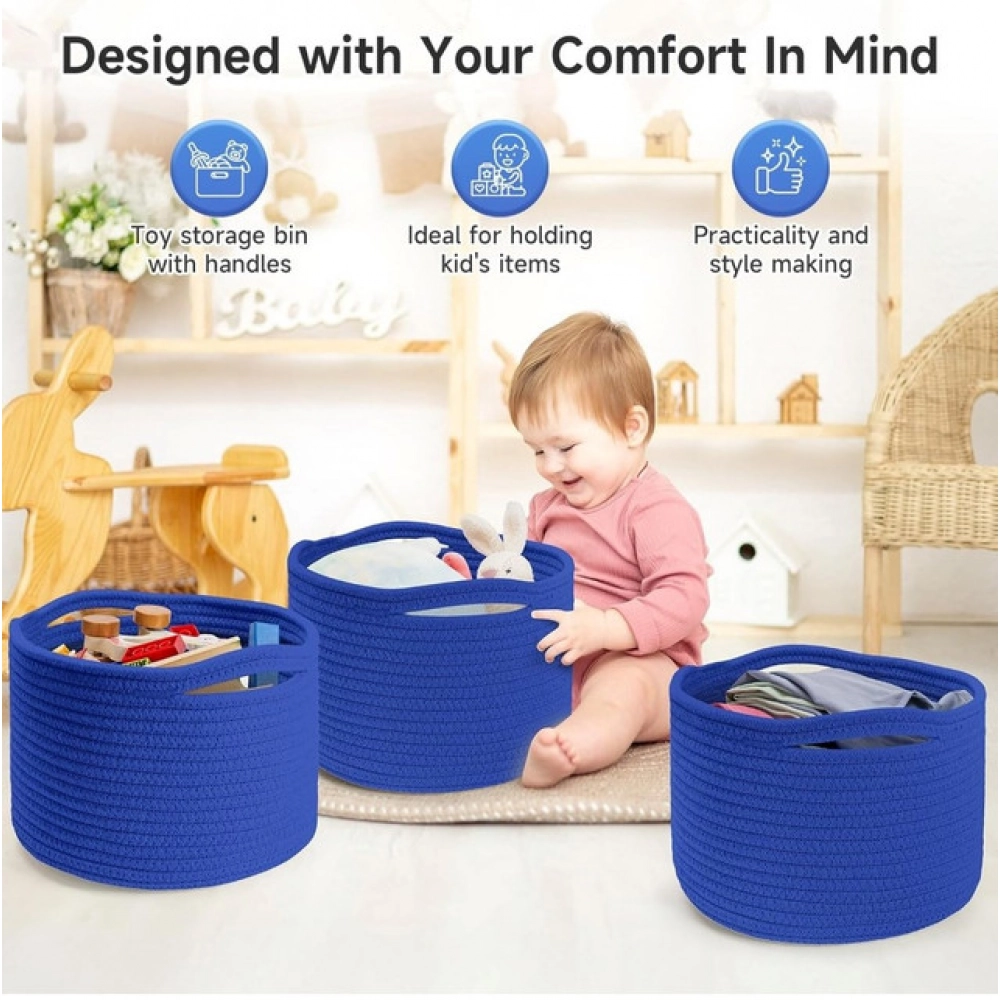 Cotton 9x7 Inch Pack of 3 Storage Basket For Clothes (Royal Blue) - Image 3
