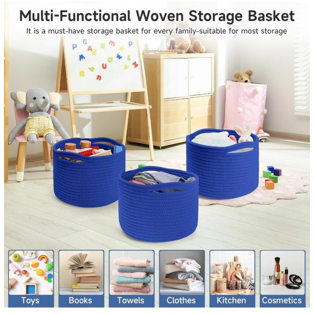 Cotton 9x7 Inch Pack of 3 Storage Basket For Clothes (Royal Blue) - Image 2