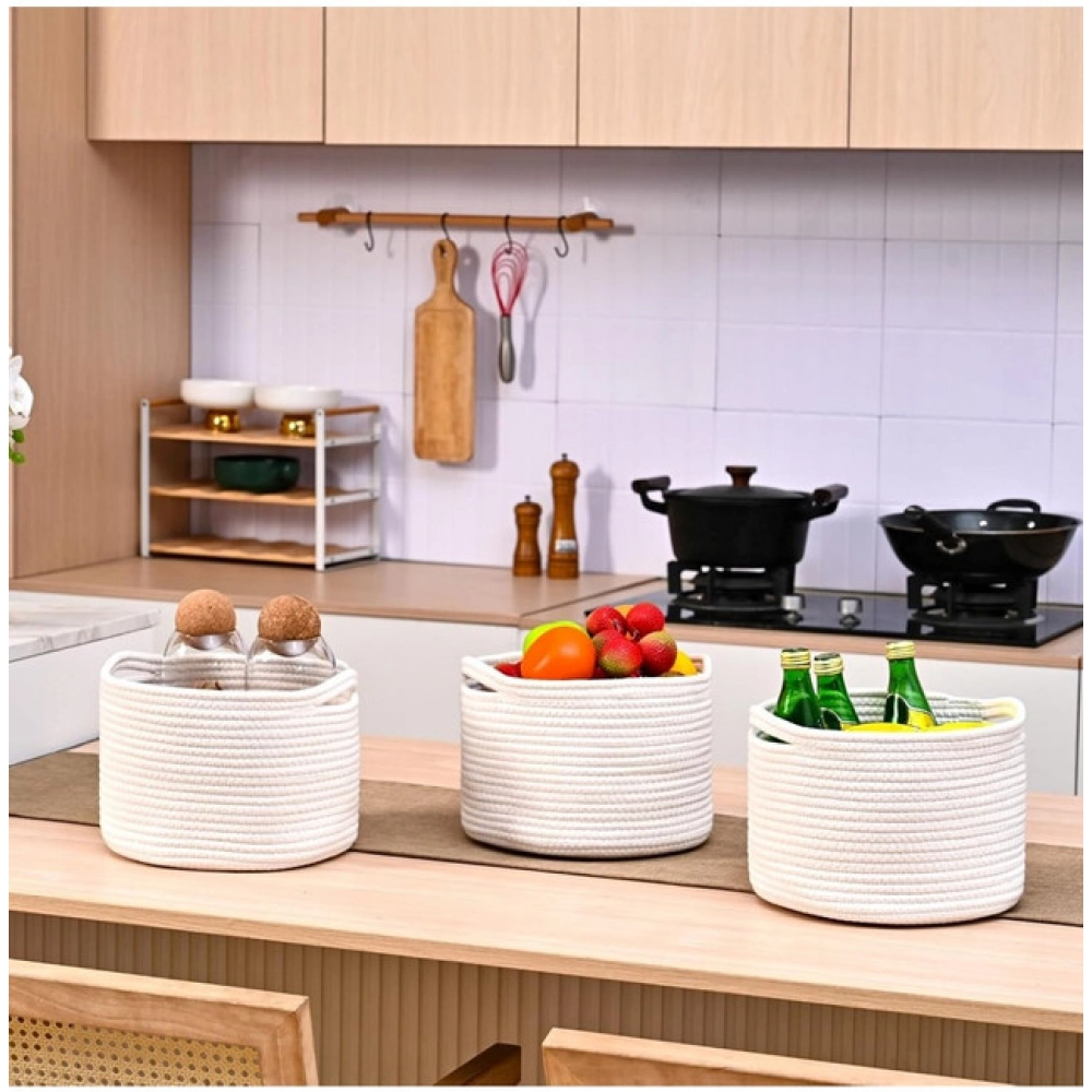 Cotton 9x7 Inch Pack of 3 Storage Basket For Clothes (White) - Image 4