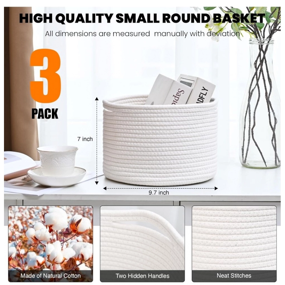 Cotton 9x7 Inch Pack of 3 Storage Basket For Clothes (White) - Image 2