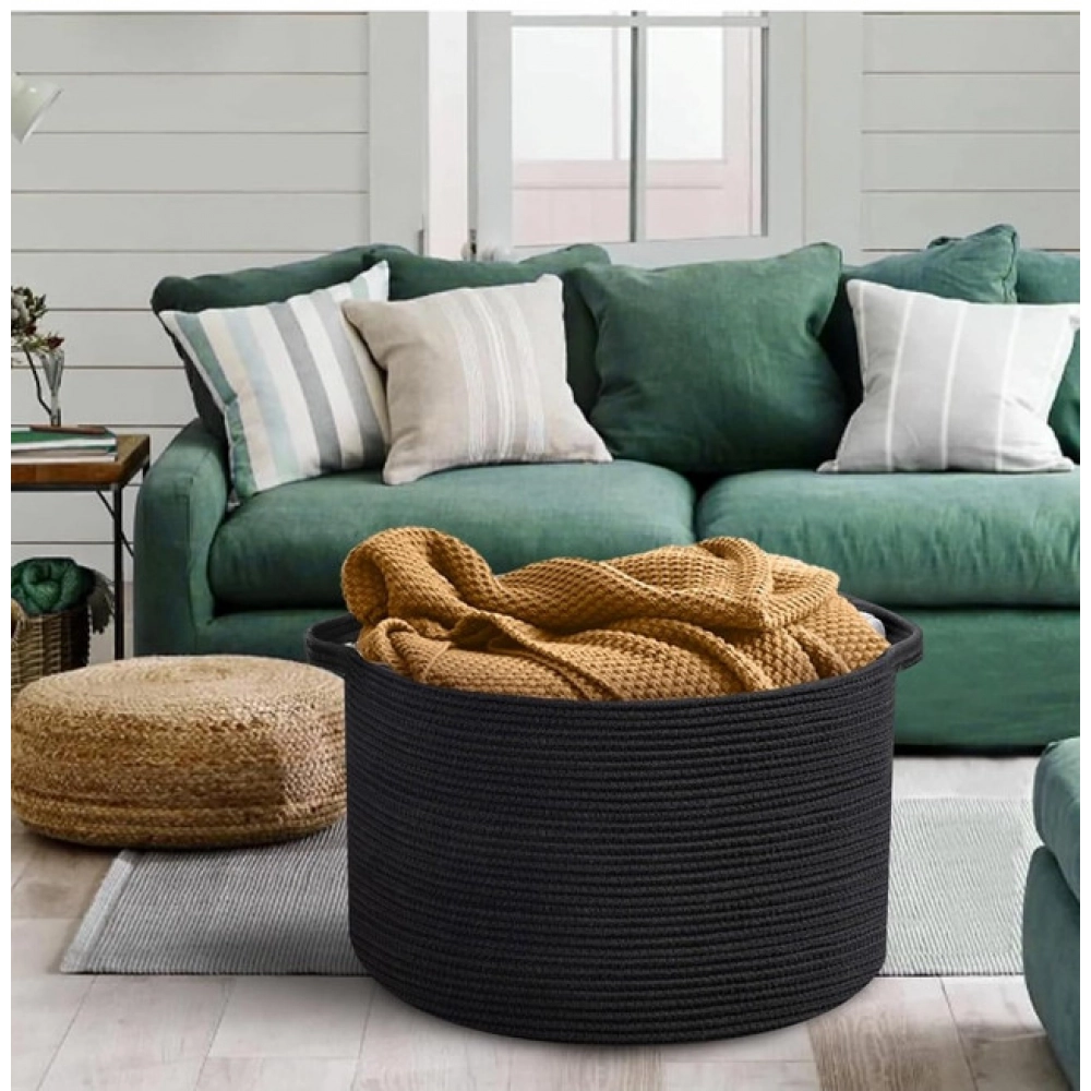 Cotton 14x12 Inch Pack of 1 Storage Basket For Clothes (Black) - Image 3