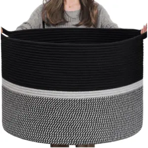 Cotton Dori 16x14 Inch Storage Basket For Clothes (Black-Black White)