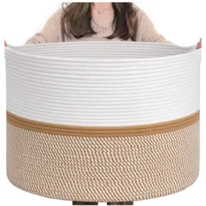 Cotton Dori 16x14 Inch Storage Basket For Clothes (White-Beige White)