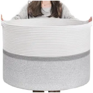Cotton Dori 16x14 Inch Storage Basket For Clothes (White-Gray White)