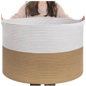 Cotton 16x14 Inch Pack of 1 Storage Basket For Clothes (Beige-White)