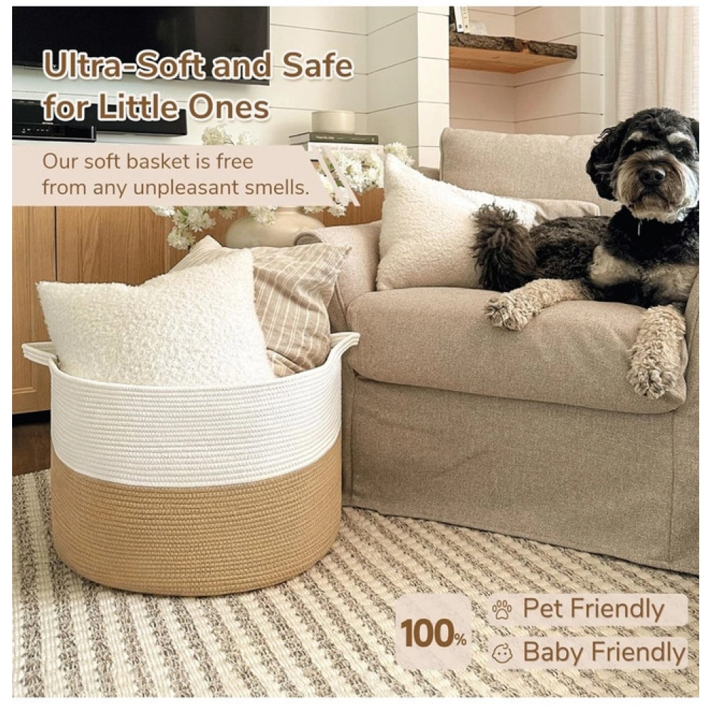 Cotton 16x14 Inch Pack of 1 Storage Basket For Clothes (Beige-White) - Image 4