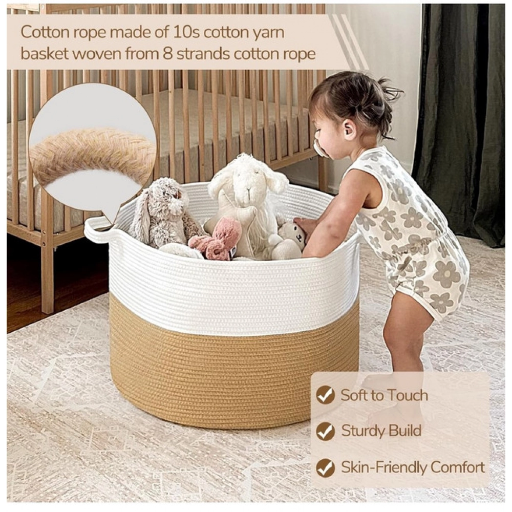 Cotton 16x14 Inch Pack of 1 Storage Basket For Clothes (Beige-White) - Image 3