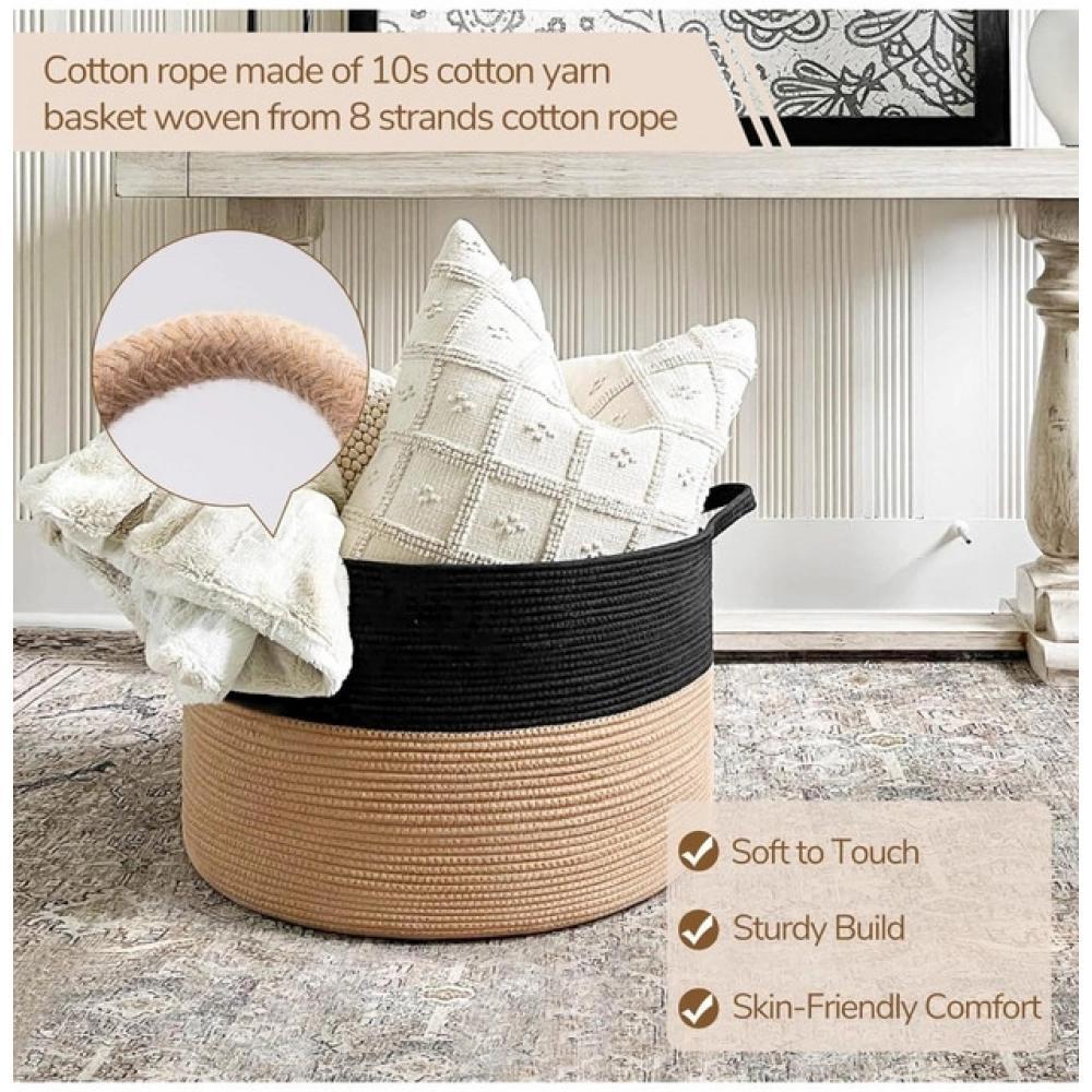 Cotton 16x14 Inch Pack of 1 Storage Basket For Clothes (Black-Beige) - Image 4