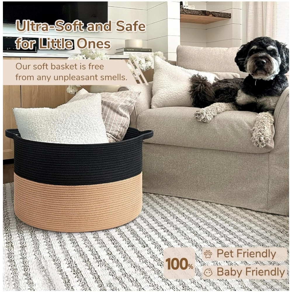 Cotton 16x14 Inch Pack of 1 Storage Basket For Clothes (Black-Beige) - Image 3