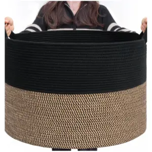 Cotton 16x14 Inch Pack of 1 Storage Basket For Clothes (Black- Beige Black)