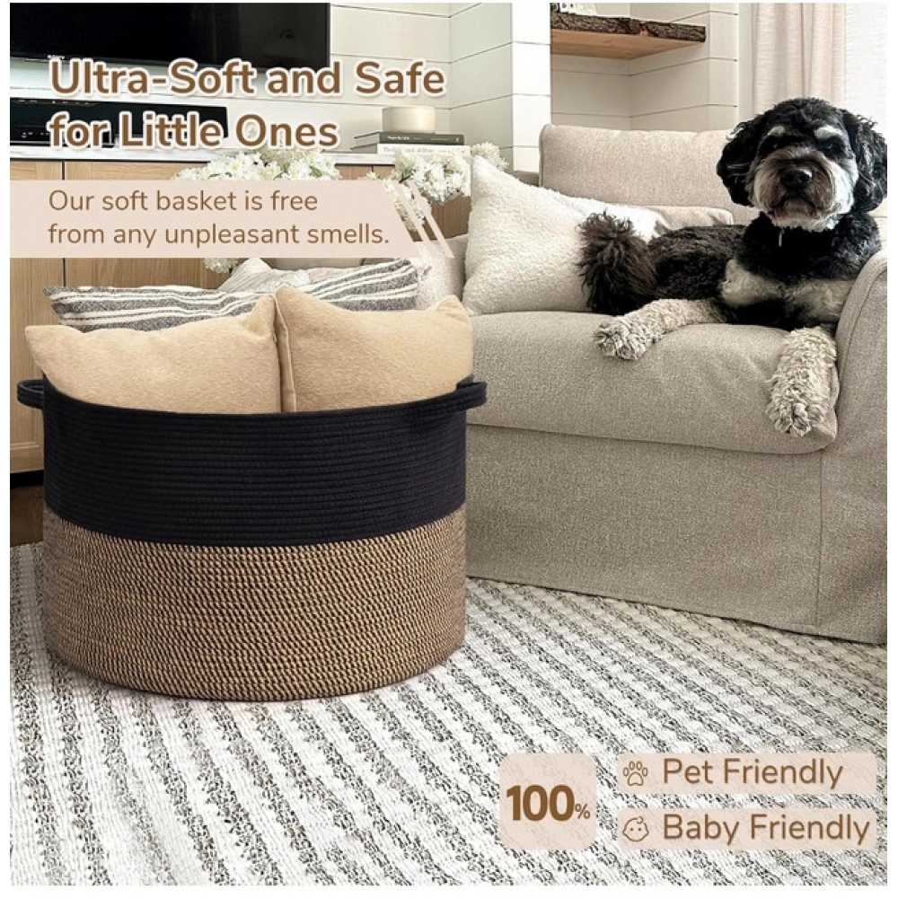 Cotton 16x14 Inch Pack of 1 Storage Basket For Clothes (Black- Beige Black) - Image 3