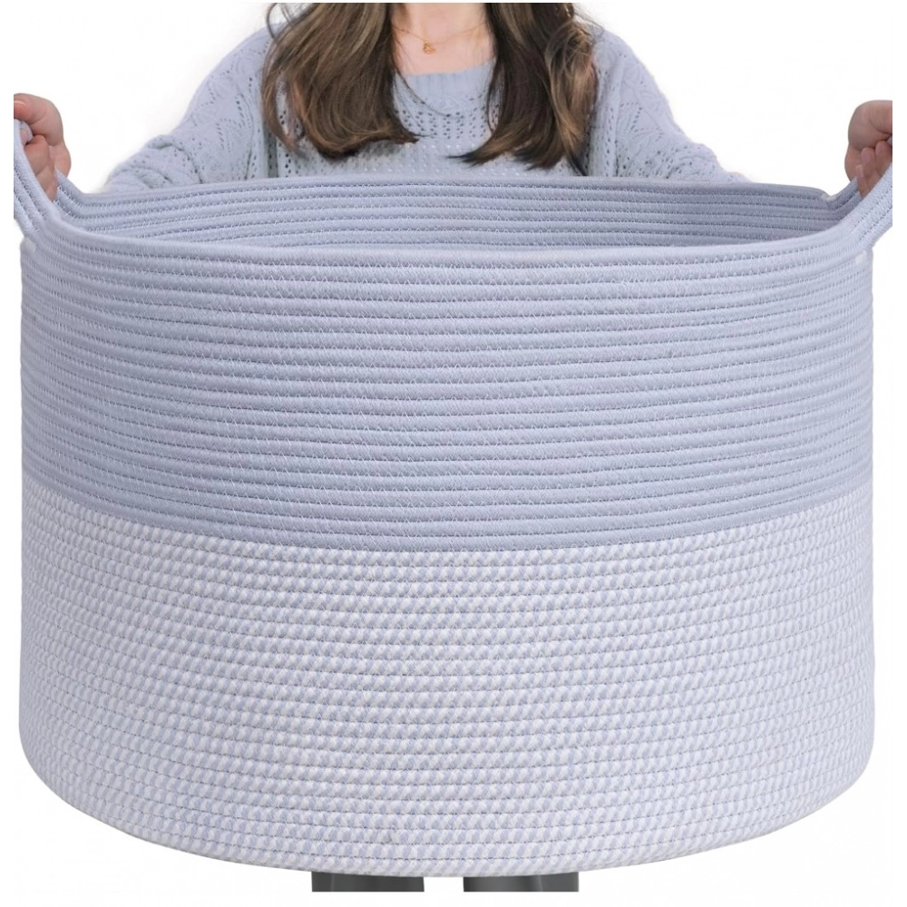 Cotton 16x14 Inch Pack of 1 Storage Basket For Clothes (Gray- Gray White)
