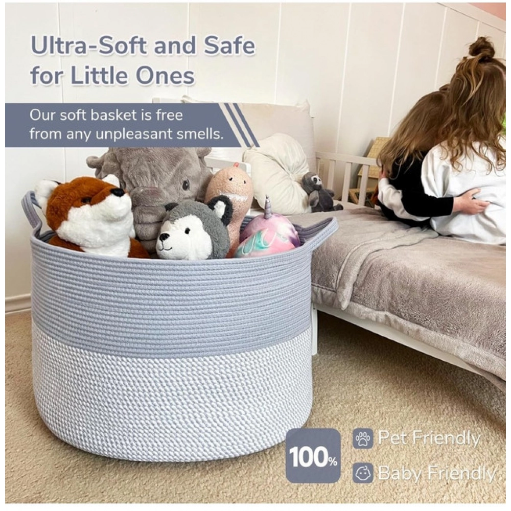 Cotton 16x14 Inch Pack of 1 Storage Basket For Clothes (Gray- Gray White) - Image 4