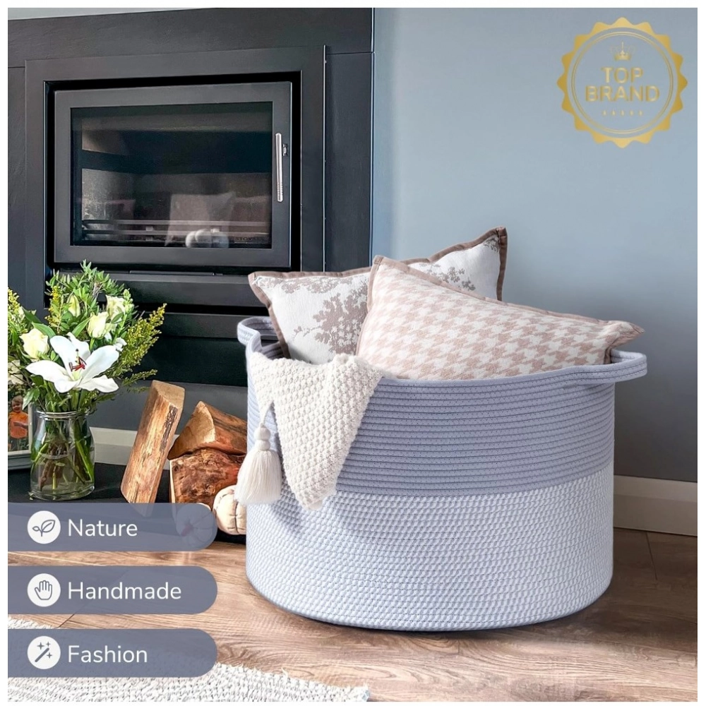 Cotton 16x14 Inch Pack of 1 Storage Basket For Clothes (Gray- Gray White) - Image 3