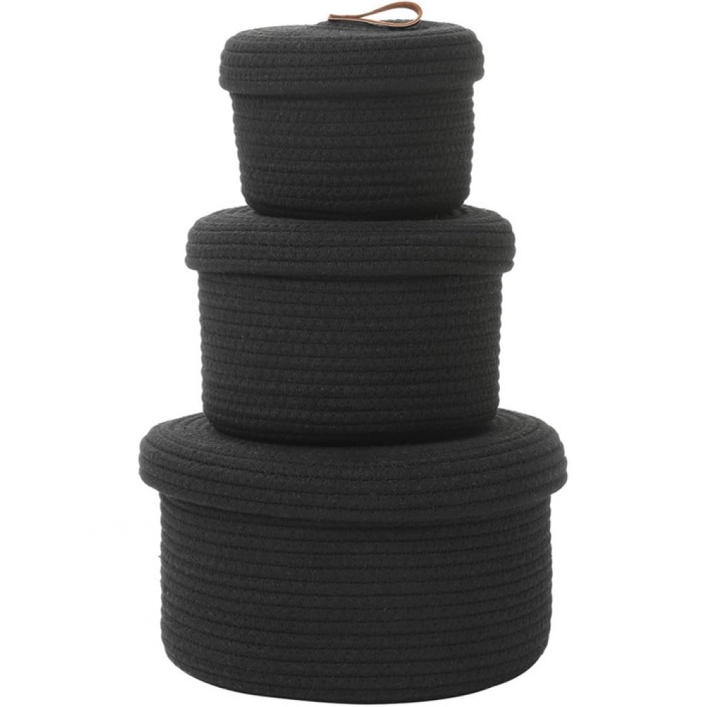 Cotton 3 Pcs Set Roti Box Storage Basket With Lid (Black) - Image 4