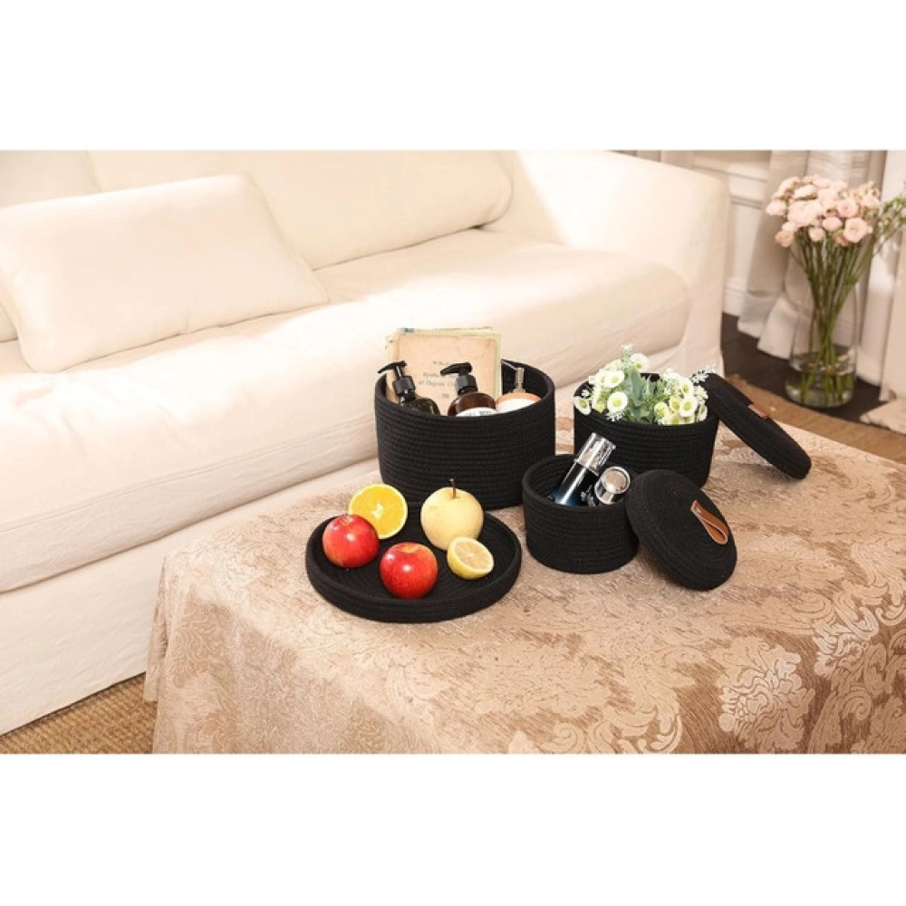 Cotton 3 Pcs Set Roti Box Storage Basket With Lid (Black) - Image 3