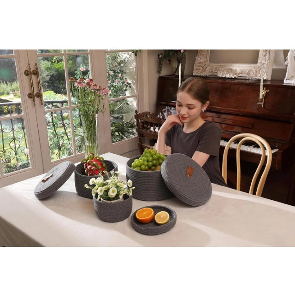 Cotton 3 Pcs Set Roti Box Storage Basket With Lid (Gray) - Image 2