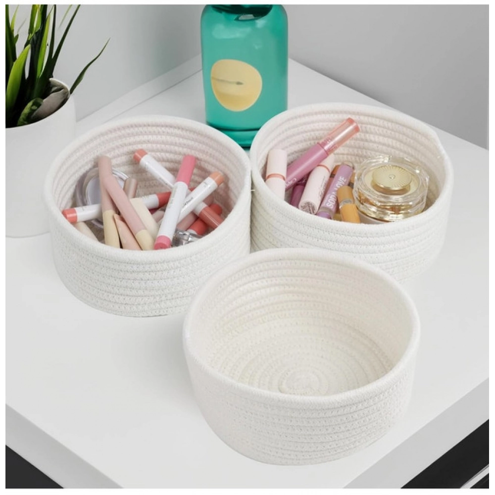 Cotton 8x3 Inch Round 3 Set Bedside Organizer (White) - Image 2