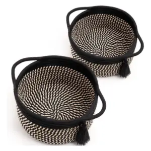 Cotton 8x4 Inch Round 2 Set With Jhalar Bedside Organizer (Black Beige)