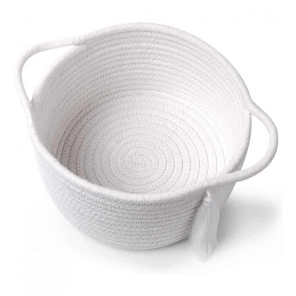 Cotton 8x4 Inch Round 2 Set With Jhalar Bedside Organizer (White) - Image 4