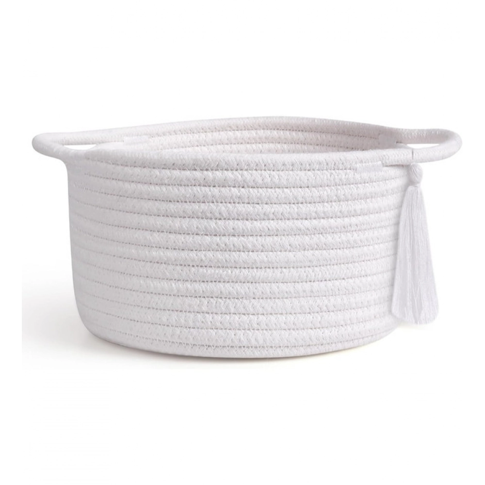 Cotton 8x4 Inch Round 2 Set With Jhalar Bedside Organizer (White) - Image 3