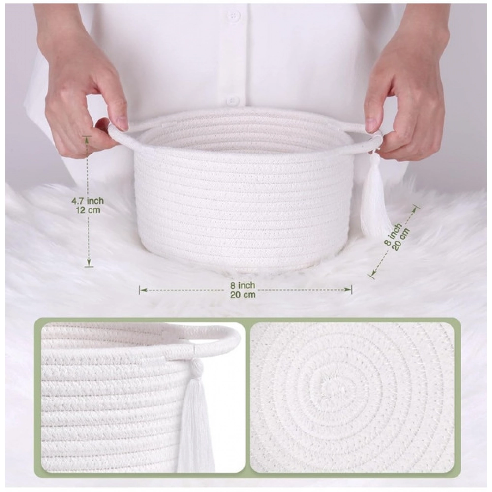 Cotton 8x4 Inch Round 2 Set With Jhalar Bedside Organizer (White) - Image 2