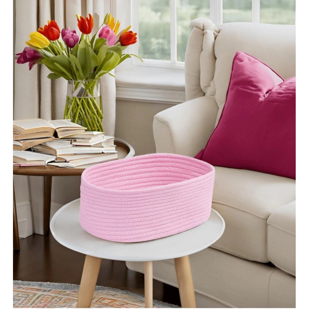 Cotton Oval 10x7x5 Inch Bedside Organizer (Pink) - Image 3