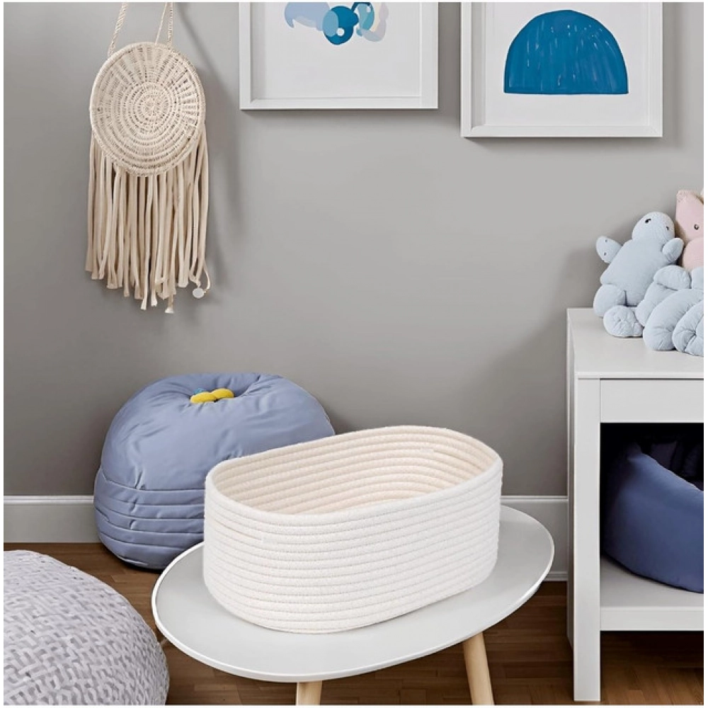 Cotton Oval 10x7x5 Inch Bedside Organizer (White) - Image 4