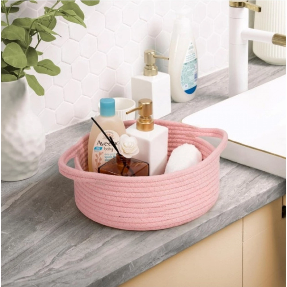 Cotton 8x3 Inch Round Bedside Organizer (Pink) - Image 4