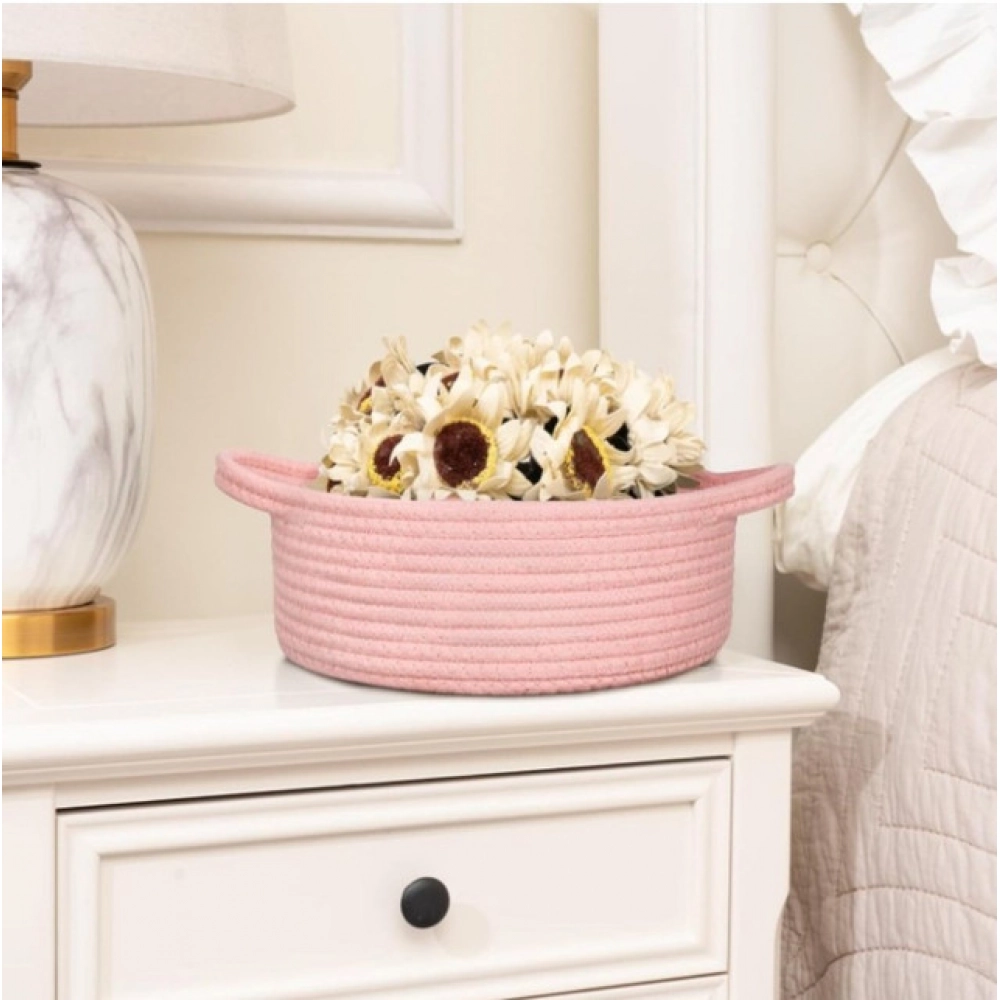 Cotton 8x3 Inch Round Bedside Organizer (Pink) - Image 2