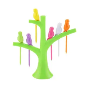 Pack of 10_Bird Tree Fruit Fork Set Decorative Toothpick Holder (Color: Assorted )