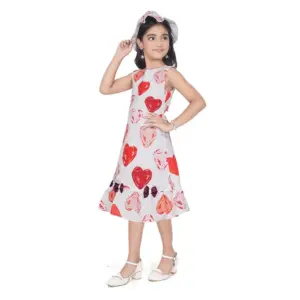 Girl's Popcorn Printed Sleeve Less Round Neck Dress (Red)