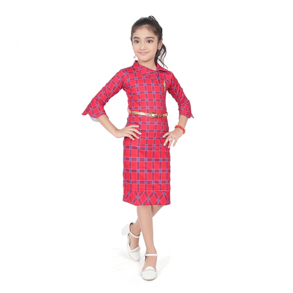 Girl's Knitted Printed 3/4 th Sleeve Close Neck Dress (Pink)